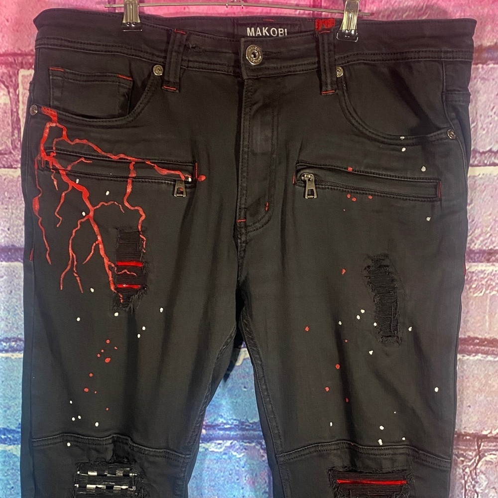 Makobi Men’s Jeans Denim 36x32 Black Flames Lightning Distressed Skinny Fit - Picture 2 of 12